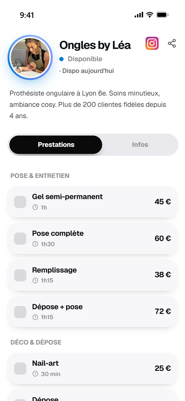 Spotlight : la page de réservation d'une professionnelle